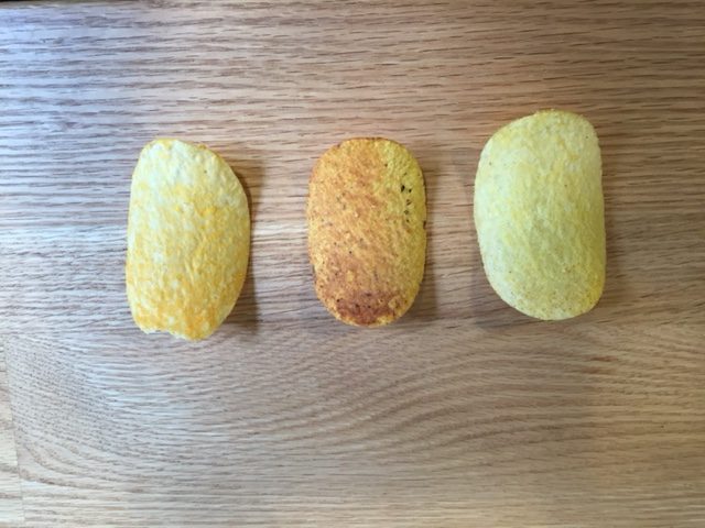 From Left to right: Hot Diggity Dog flavor, Tortilla Chili Cheese flavor, and Cheddar Cheese Lightly Salted.
