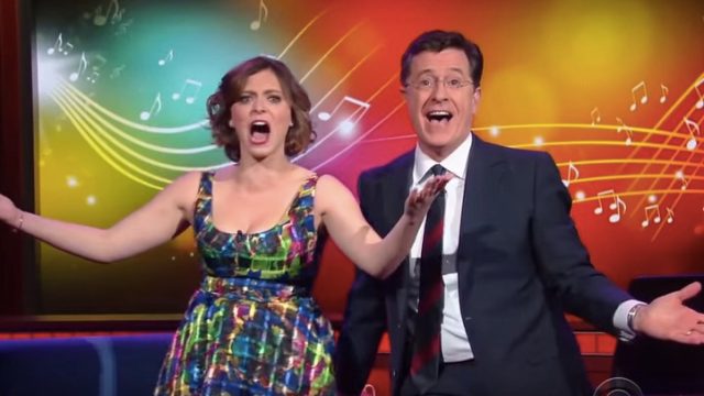 Rachel Bloom and Stephen Colbert