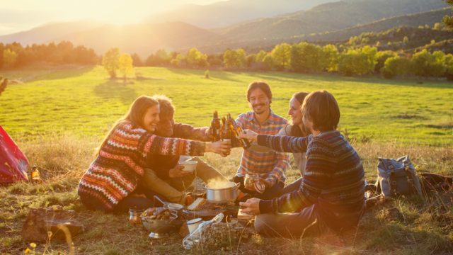Friends toasting beer bottles on field