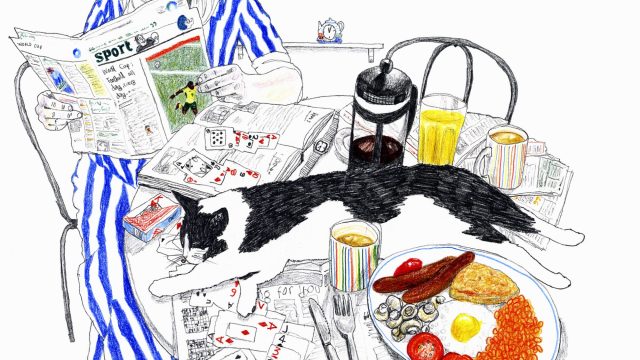 Woman relaxing reading newspaper at table with english breakfast and cat