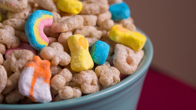 A bowl of Lucky Charms on a table