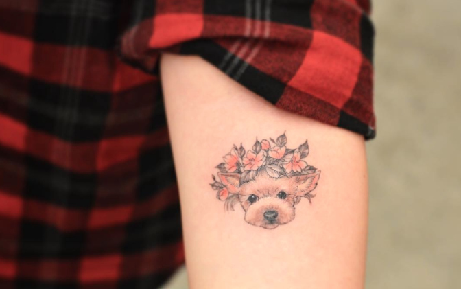Floral Dog Tattoo by April Ramirez JP Alfonso Studios Norcross Georgia   tattoos  Sleeve tattoos Tattoos Dog tattoos