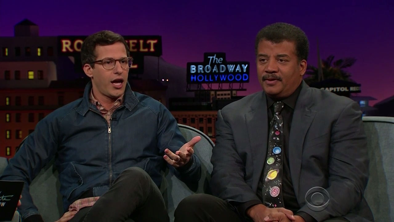 Venture Smelte mount Andy Samberg asks Neil deGrasse Tyson about sex robots, and yes, that  really happened - HelloGigglesHelloGiggles