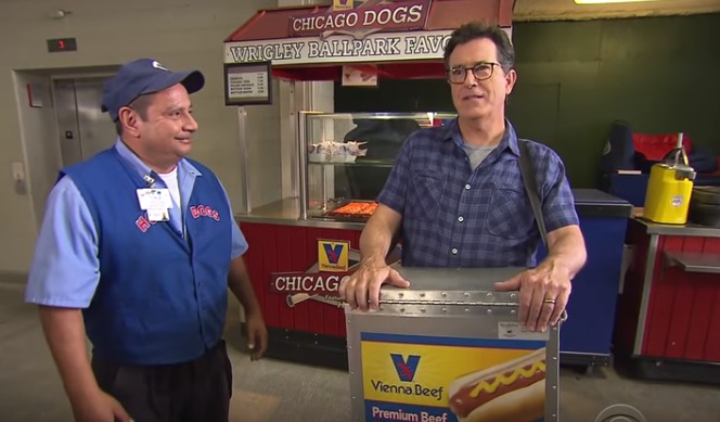 Stephen Colbert goes undercover at a Cubs game, sells hot dogs