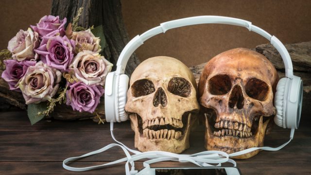 still life with couple skull listening to music