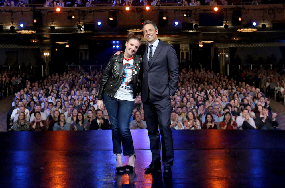LATE NIGHT WITH SETH MEYERS -- Episode 0434 -- Pictured: (l-r) Actress Lena Dunham and host Seth Meyers pose on October 11, 2016 -- (Photo by: Lloyd Bishop/NBC/NBCU Photo Bank via Getty Images)