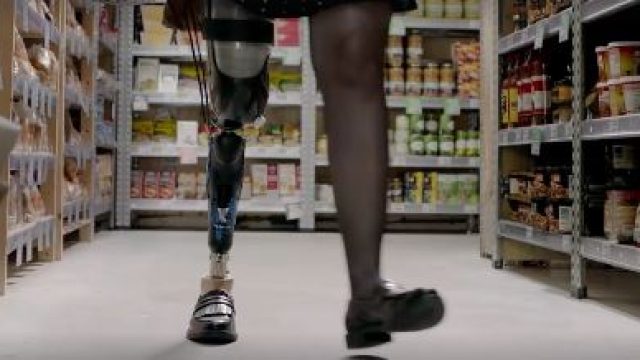 This ad for fashion tights features a model with a prosthetic leg