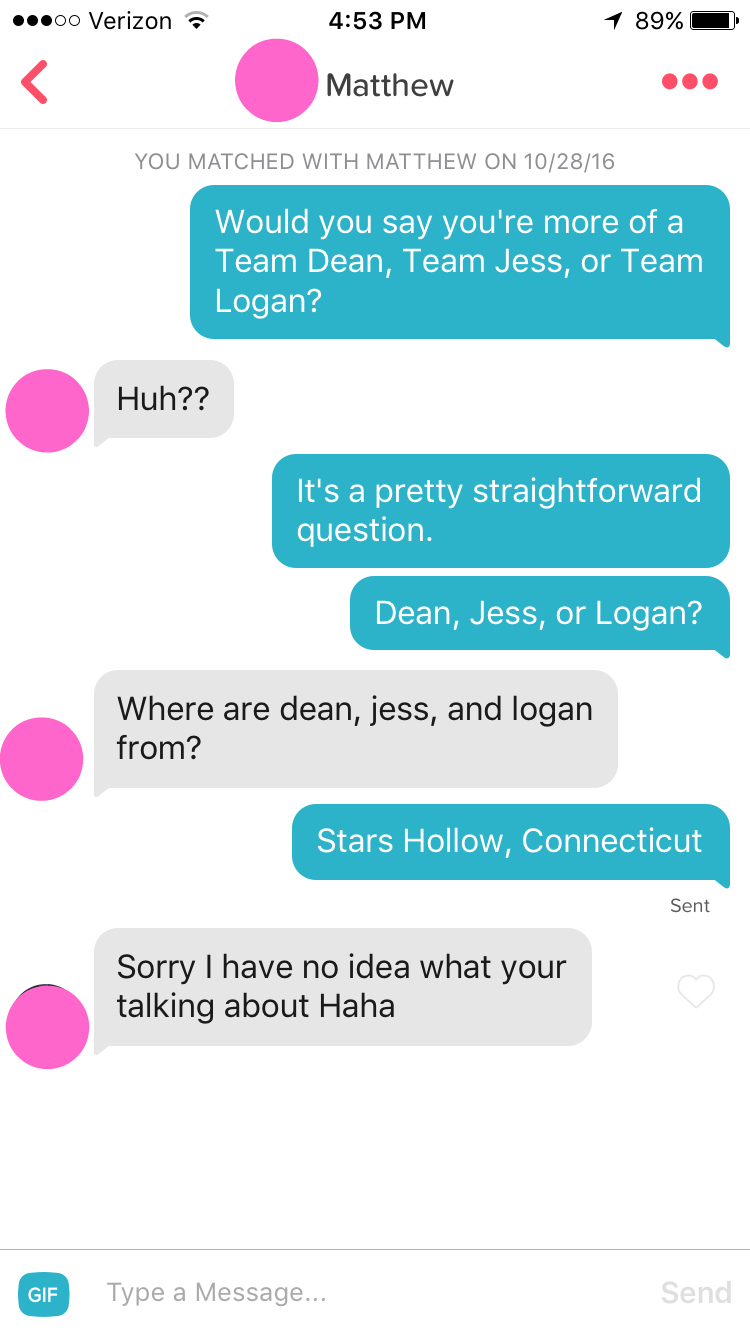 I messaged guys on Tinder and asked if they were Team Dean, Team Jess, or  Team Logan - HelloGigglesHelloGiggles