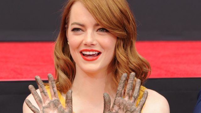 Emma Stone cement hands