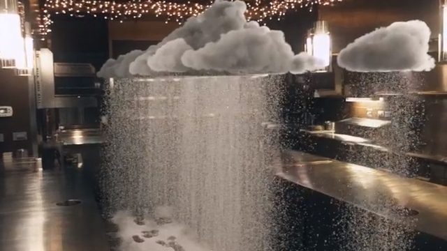 Clouds snowing in a restaurant.