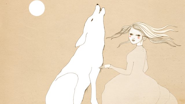 A young girl with a gray wolf howling at the full moon