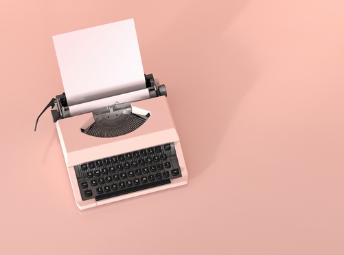 Pink typewriter with empty sheet of paper on pink ground, 3D Rendering