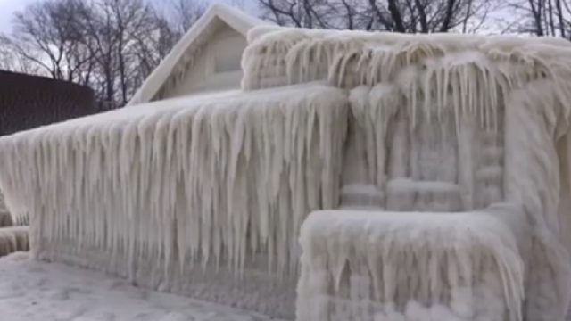 house covered in ice