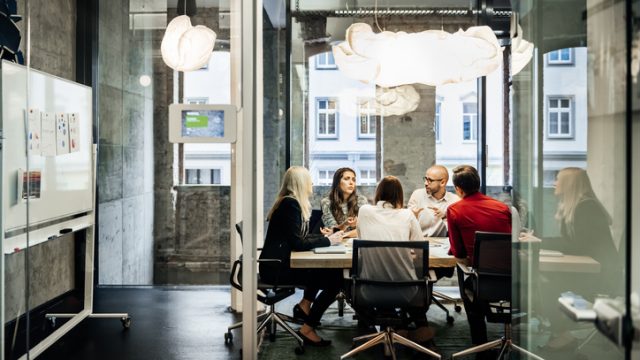 Business meeting in a modern office.