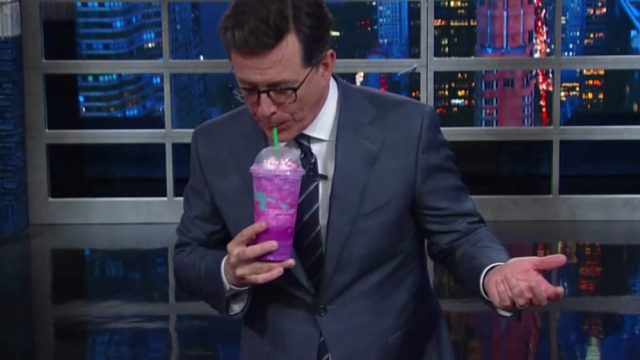 Stephen Colbert tries a unicorn frappuccino