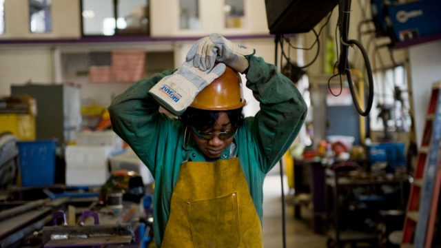 Women like journeywoman ironworker Bridget Booker are the focus of recruitment by the ironworkers union. Booker is the only Africaan American female in her local.