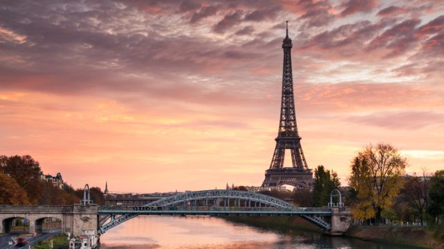 Dawn over Eiffel tower and Seine, Paris, France