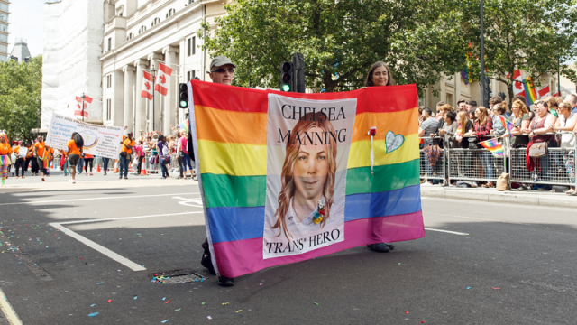 London Pride Parade flag with "Chelsea Manning, Trans Hero" on it