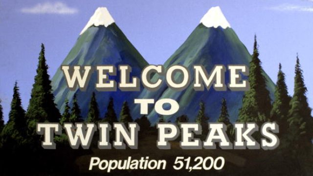 A photo of a mountain with "Welcome to Twin Peaks" printed atop it