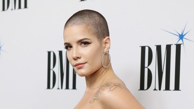 Halsey wearing strapless dress on the red carpet