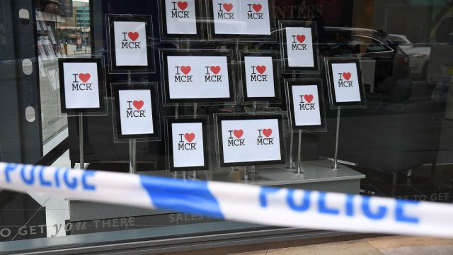 A window in Manchester with "I love MCR" signs after the explosion at the Ariana Grande concert Monday night.