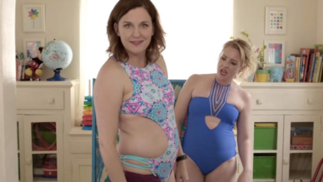Two comedian moms try on swimsuits to show how absurd they are.