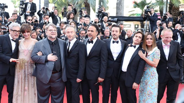 Mexican director Alfonso Cuaron and his partner Sheherazade Goldsmith, Mexican director Guillermo del Toro, Mexican cinematographer Emmanuel Lubezki, Mexican director Alejandro Gonzalez Inarritu, Mexican actor Diego Luna, Mexican actor Gael Garcia Bernal, Mexican-Lebanese actress Salma Hayek and French businessman Francois-Henri Pinault attend the 70th Anniversary of the 70th annual Cannes Film Festival at Palais des Festivals on May 23, 2017 in Cannes, France.