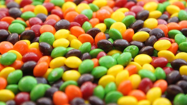 closeup of a bowl of Skittles