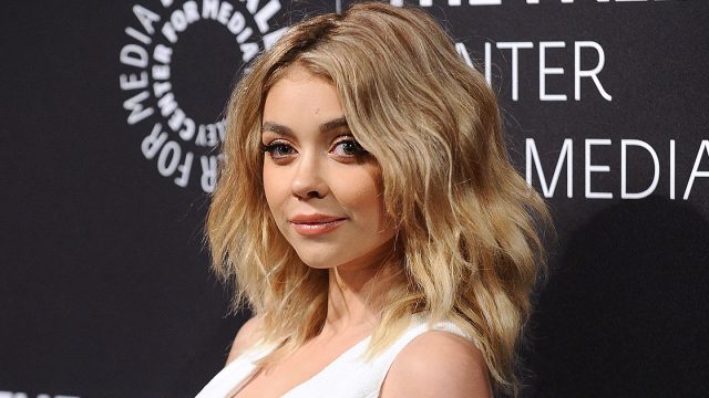 Sarah Hyland in a white and black dress