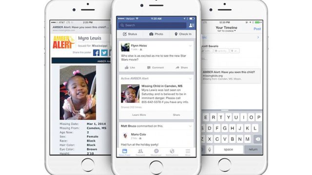 Three phones showing how an Amber Alert will appear on the Facebook app