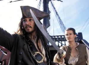 Johnny Depp and Orlando Bloom brandish their Swords in Pirates of the Caribbean