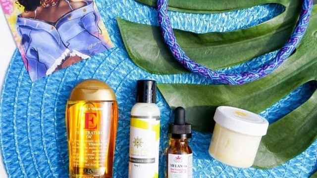 Makeup products on a blue table
