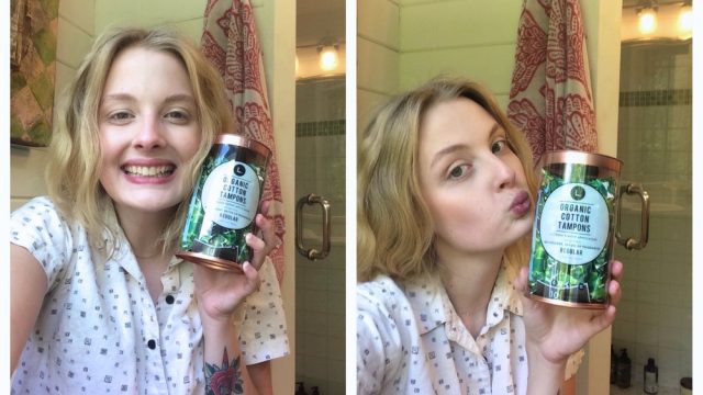 Author holds a box of organic tampons