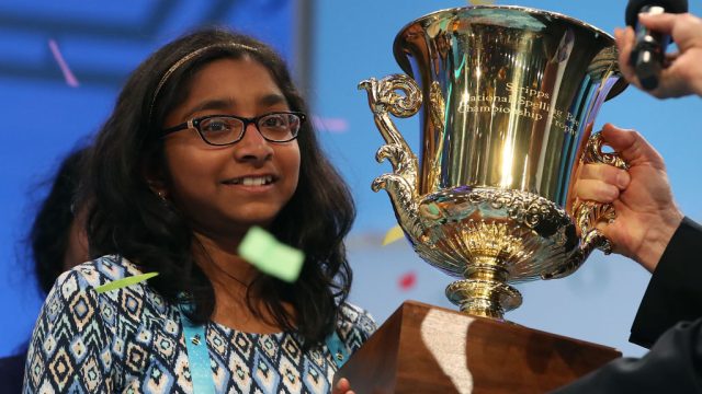 NATIONAL HARBOR, MD - JUNE 01: Ananya Vinay of Fresno, CA. won the 2017 Scripps National Spelling Bee by spelling the word "marocain", at Gaylord National Resort & Convention Center June 1, 2017 in National Harbor, Maryland. Close to 300 spellers are competing in the annual spelling contest for the top honor this year. (Photo by Mark Wilson/Getty Images)