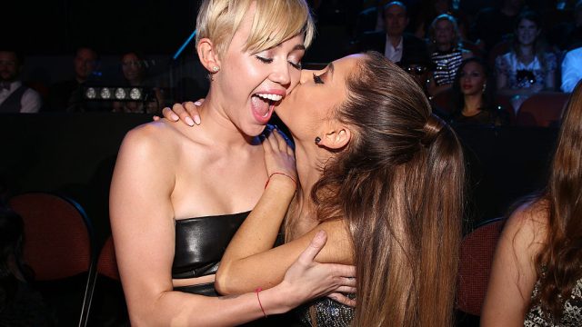 INGLEWOOD, CA - AUGUST 24: Singers Miley Cyrus (L) and Ariana Grande attend the 2014 MTV Video Music Awards at The Forum on August 24, 2014 in Inglewood, California. (Photo by Christopher Polk/MTV1415/Getty Images for MTV)