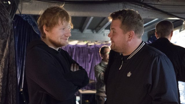 Ed Sheeran and James Corden behind the scenes at the Grammys.