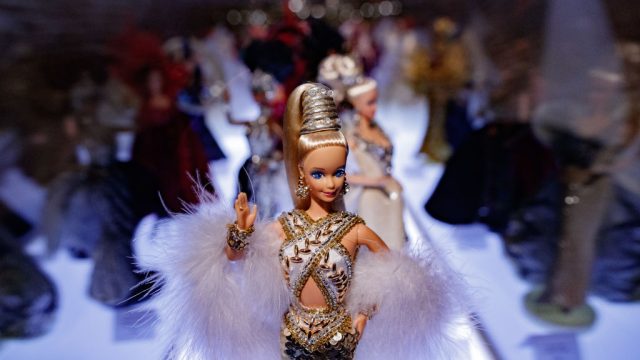 A Bob Makie gold barbie doll is seen on display at the exhibition 'Barbie, mas alla de la muñeca' ('Barbie, beyond the doll') at Fundacion Canal on February 15, 2017 in Madrid, Spain.