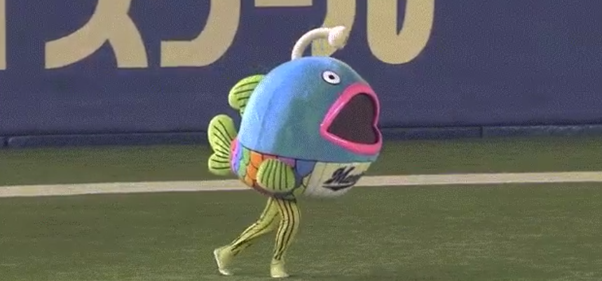 Mondo Mascots on X: Nippon Ham Fighters' mascot, BB, puts on the discarded  costume of Chiba Lotte Marines' Mysterious Fish.  /  X