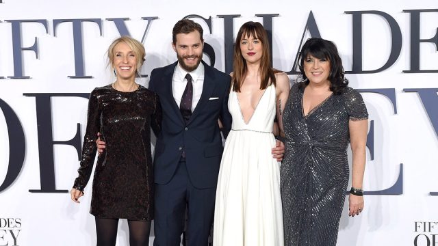 Sam Taylor-Johnson, Jamie Dornan, Dakota Johnson and E.L. James attend the UK Premiere of 'Fifty Shades Of Grey' at Odeon Leicester Square