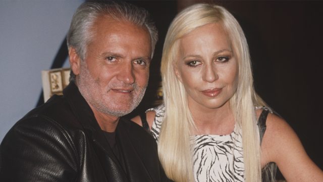 Italian fashion designers Gianni (1946 - 1997) and Donatella Versace at the launch for their new fragrance 'Versace's Blonde', USA, circa 1996.