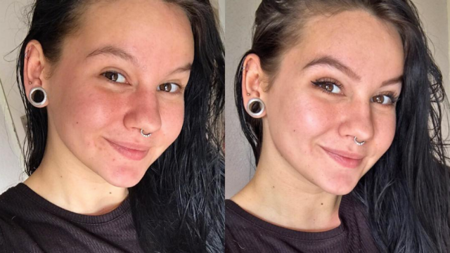 Side-by-side photo of Sara Puhto's face with her wearing makeup in one photo and no makeup in the other