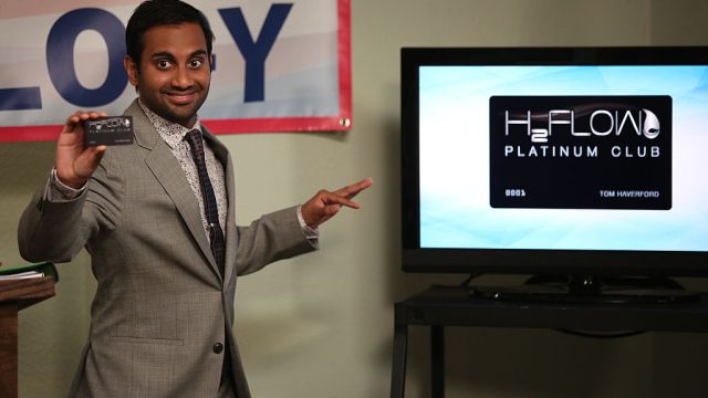 PARKS AND RECREATION -- "Fluoride" Episode 608 -- Pictured: Aziz Ansari as Tom Haverford -- (Photo by: Tyler Golden/NBC/NBCU Photo Bank via Getty Images)