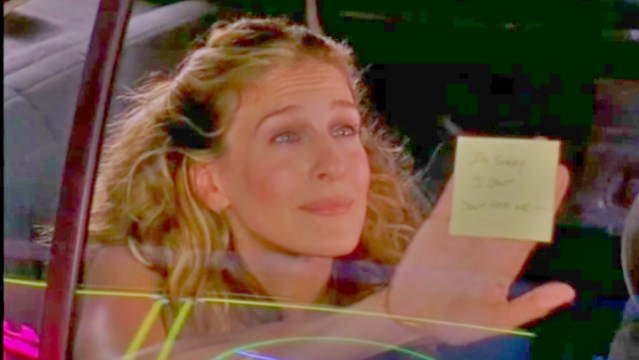 Still from the Sex and the City episode where Carrie gets dumped via a post it note.