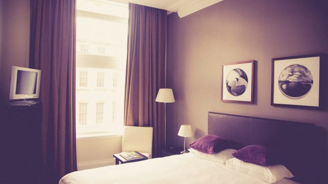 hotel room bed curtains open