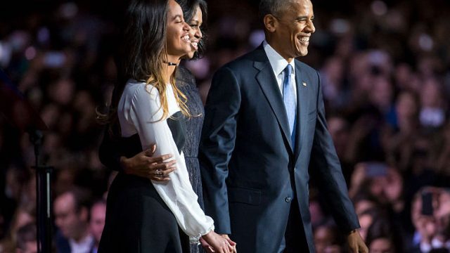 President Obama is joined by Michelle and Malia after his farewell address at McCormick Place in Chicago on Tuesday, Jan. 10, 2017.