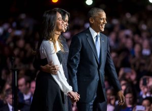 President Obama is joined by Michelle and Malia after his farewell address at McCormick Place in Chicago on Tuesday, Jan. 10, 2017.