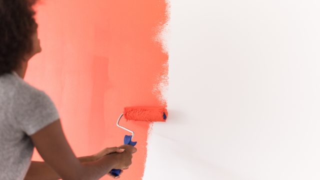 Woman painting her apartment pink.