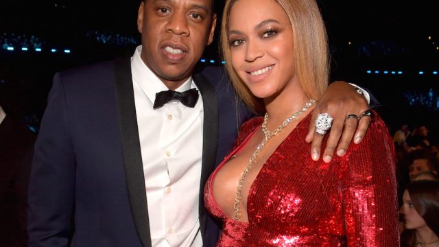 Jay-Z and Beyonce pose during The 59th GRAMMY Awards