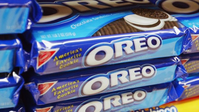 oreo cookie packages stacked on shelf