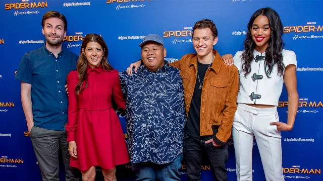 Jon Watts, Marisa Tomei, Jacob Batalon, Tom Holland and Laura Harrier attend the 'Spiderman: Homecoming' New York First Responders' Screening at Henry R. Luce Auditorium at Brookfield Place on June 26, 2017 in New York City.